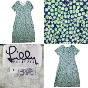 Lilly Pulitzer Maxi Dress with Pockets Blue Green Floral Short Sleeve Cotton